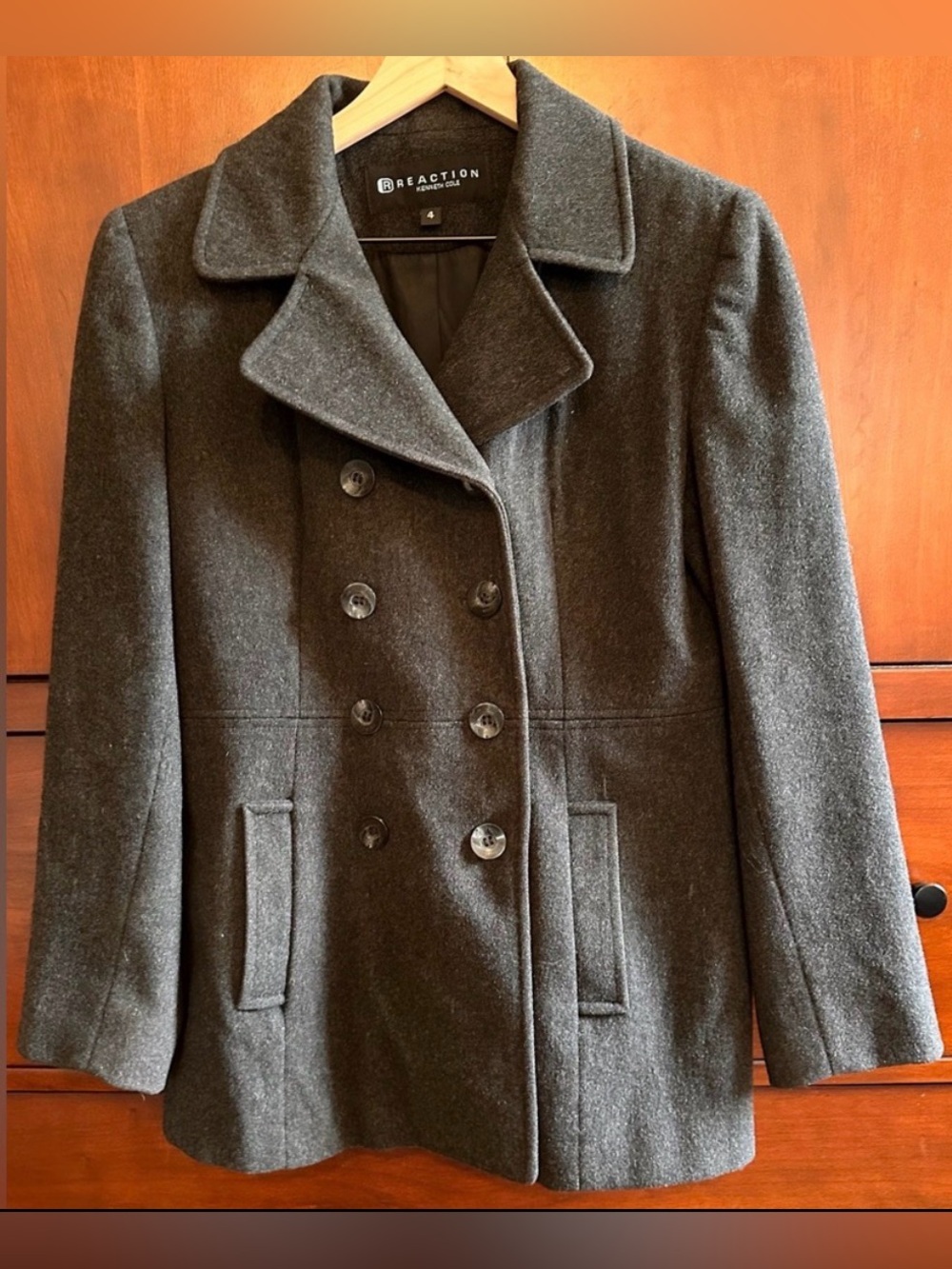 LADIES Kenneth Cole Reaction Vintage Gray Double-Breast Wool Pea Coat - SIZE 4